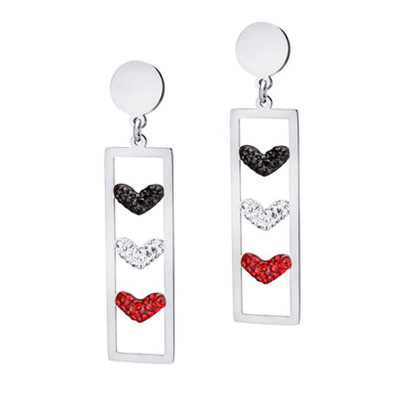 Stainless Steel Black, White, Red Hearts Rectangle Earrings - Click Image to Close